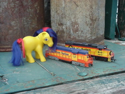 Size: 800x600 | Tagged: safe, artist:lonewolf3878, oc, earth pony, pony, g1, brushable, customized toy, female, irl, locomotive, model train, photo, ponified, toy, train