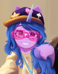 Size: 1428x1818 | Tagged: safe, artist:maren, izzy moonbow, pony, unicorn, g5, cap, clothes, female, glasses, grin, gritted teeth, hat, mare, open mouth, open smile, rapper, selfie, shutter shades, smiling, solo, sunglasses, teeth