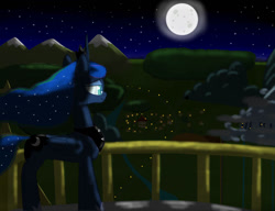 Size: 1019x784 | Tagged: safe, artist:ccortxx, princess luna, pony, g4, balcony, castle, cloudsdale, crown, digital art, electricity, everfree forest, jewelry, lights, moon, mountain, night, ponyville, regalia