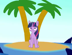 Size: 1019x784 | Tagged: safe, artist:ccortxx, twilight sparkle, alicorn, pony, shark, g4, angry, island, lost, palm tree, tree, twilight sparkle (alicorn), unhappy