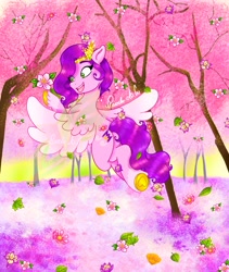 Size: 1725x2048 | Tagged: safe, artist:pearl a.g, pipp petals, pegasus, pony, g5, cherry blossoms, female, flower, flower blossom, flying, solo, spring, tree