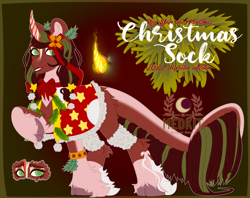 Size: 2402x1906 | Tagged: safe, artist:medkit, oc, oc only, oc:larna, original species, pony, unicorn, accessory, adoptable, berry, big eyes, bow, bracelet, branches, candy, candy cane, cape, chest fluff, christmas sock, clothes, cloven hooves, coat markings, colored hooves, colored horn, colored lineart, colored pupils, curved horn, digital art, drupe, ear fluff, eye clipping through hair, eyebrows, eyebrows visible through hair, eyelashes, eyes open, eyeshadow, facial markings, female, fir branch, fluffy, fur, gradient background, green eyes, gritted teeth, hair bow, hairstyle, heart shaped, high res, horn, ilex, jewelry, leaves, leonine tail, lipstick, long horn, long mane, long tail, makeup, mare, old art, patch, pompon, ponified, raised hoof, reference sheet, ribbon, scrunchie, signature, socks (coat markings), solo, standing, stars, tail, teeth, title, two toned horn, two toned mane, unicorn oc, unshorn fetlocks, warm, warm magic