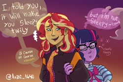 Size: 3000x2000 | Tagged: safe, artist:1640avzc, sci-twi, sunset shimmer, twilight sparkle, human, equestria girls, g4, duo, female, high res, lesbian, ship:sci-twishimmer, ship:sunsetsparkle, shipping, sleepy