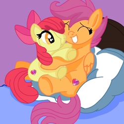 Size: 1378x1378 | Tagged: safe, artist:alivia-bases, artist:applebloomyloves, apple bloom, scootaloo, pegasus, pony, g4, base used, bed, female, hug, plushie, solo