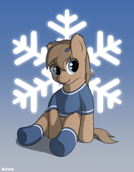 Size: 638x821 | Tagged: safe, artist:av1ra, earth pony, pony, yakutian horse, blue eyes, clothes, female, snow, socks, solo