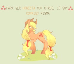 Size: 2048x1781 | Tagged: safe, artist:sadgirl_jvnko, applejack, earth pony, pony, g4, female, green background, mare, simple background, solo, spanish, text, translated in the comments