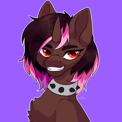 Size: 2048x2048 | Tagged: safe, artist:chococonut18, oc, pony, unicorn, collar, female, grin, high res, mare, purple background, simple background, smiling, solo