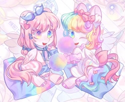 Size: 1324x1080 | Tagged: safe, artist:ywn10804439, oc, oc only, pegasus, pony, cotton candy, duo, female, heterochromia, pegasus oc