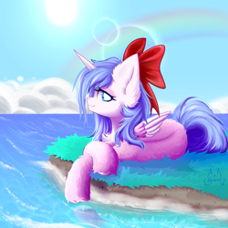 Size: 2048x2048 | Tagged: safe, artist:persikulka, oc, oc only, oc:rioshi sweet, alicorn, pony, 2023, alicorn oc, blue eyes, blue mane, blue tail, bow, commission, eye clipping through hair, eyebrows, eyebrows visible through hair, eyelashes, female, full body, hair bow, heart, heart eyes, high res, horn, mare, pale belly, pony oc, raised hoof, show accurate, smiling, solo, standing, tail, two toned coat, unshorn fetlocks, wingding eyes, wingless, wings, ych result