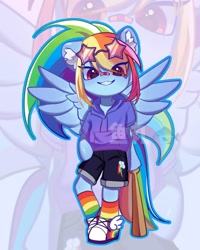 Size: 1056x1322 | Tagged: safe, artist:ywn10804439, rainbow dash, pegasus, anthro, unguligrade anthro, g4, clothes, female, hoodie, shorts, solo, zoom layer