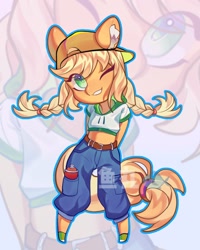 Size: 1056x1322 | Tagged: safe, artist:ywn10804439, applejack, earth pony, anthro, unguligrade anthro, g4, female, midriff, one eye closed, solo, wink, zoom layer