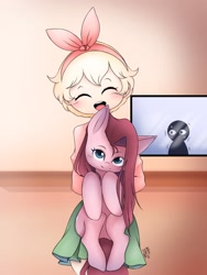 Size: 1536x2048 | Tagged: safe, artist:nikimispace, pinkie pie, earth pony, human, pony, g4, bonnie's bakery, clothes, creepypasta, crossover, eyes closed, female, mare, pinkamena diane pie, skirt