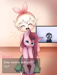 Size: 1536x2048 | Tagged: safe, artist:nikimispace, pinkie pie, earth pony, human, pony, g4, bonnie's bakery, clothes, creepypasta, crossover, eyes closed, female, mare, pinkamena diane pie, skirt, spanish