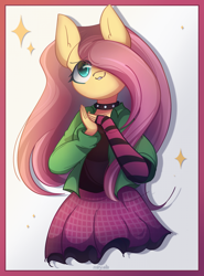 Size: 1700x2300 | Tagged: safe, artist:miryelis, fluttershy, anthro, dtiys emoflat, g4, abstract background, choker, clothes, cute, draw this in your style, female, gloves, grin, hand, jacket, long hair, mare, one eye closed, signature, skirt, smiling, solo, sparkles, spiked choker