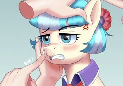Size: 1737x1224 | Tagged: safe, artist:vinilyart, coco pommel, earth pony, pony, g4, angry, blushing, boop, cross-popping veins, disembodied hand, emanata, female, gritted teeth, hand, hape, hug, light blue background, mare, noseboop, personal space invasion, petting, simple background, teeth