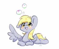 Size: 1282x1061 | Tagged: safe, artist:bubbletea, derpy hooves, pegasus, pony, g4, blushing, bubble, female, mare, one ear down, open mouth, simple background, solo, white background