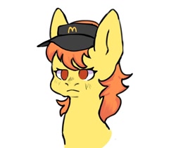 Size: 1280x1076 | Tagged: safe, artist:sleepybooo, oc, oc only, pony, bust, hat, mcdonald's, simple background, solo, white background