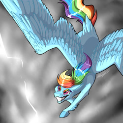 Size: 2000x2000 | Tagged: safe, artist:duskyjaguar36, rainbow dash, pegasus, pony, g4, eyebrows, female, grin, high res, lightning, mare, smiling, solo, spread wings, wings