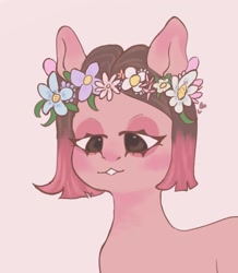 Size: 1377x1578 | Tagged: safe, artist:sleepybooo, oc, oc only, earth pony, pony, earth pony oc, female, floral head wreath, flower, pink background, simple background, solo