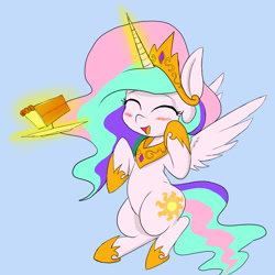 Size: 2048x2046 | Tagged: safe, artist:a.s.e, princess celestia, alicorn, pony, g4, cake, eyes closed, female, food, high res, light blue background, magic, mare, plate, simple background, solo, telekinesis