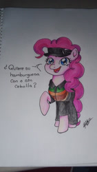 Size: 1080x1920 | Tagged: safe, artist:zumito_decereza, pinkie pie, earth pony, pony, g4, clothes, female, mare, solo, spanish, text, traditional art, translated in the comments