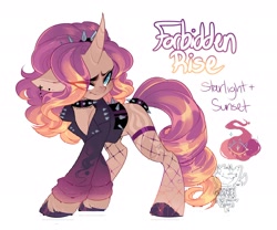 Size: 2048x1707 | Tagged: safe, artist:smokeypapayas, starlight glimmer, sunset shimmer, oc, oc:forbidden rise, pony, unicorn, g4, choker, clothes, curved horn, female, fusion, horn, jacket, leather, leather jacket, simple background, solo, spiked choker, unicorn oc, white background