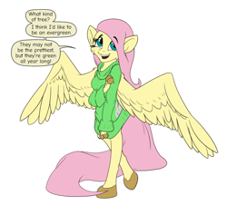 Size: 1024x925 | Tagged: safe, artist:daaberlicious, fluttershy, pegasus, anthro, unguligrade anthro, g4, big eyes, clothes, dialogue, eyebrows, eyelashes, female, finger hooves, hooves, large wings, long hair, long tail, looking at you, looking up, open mouth, oversized clothes, oversized shirt, pegasus wings, shirt, solo, spread wings, sweater, tail, talking to viewer, wings