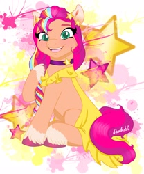 Size: 1707x2048 | Tagged: safe, artist:pearl a.g, sunny starscout, earth pony, pony, g5, clothes, cute, dress, female, mane stripe sunny, mare, open mouth, open smile, smiling, solo, sunnybetes, unshorn fetlocks