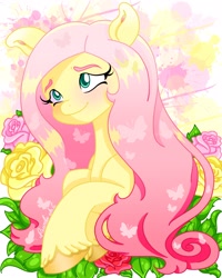 Size: 1638x2048 | Tagged: safe, artist:pearl a.g, fluttershy, pegasus, pony, g4, bust, female, flower, looking away, looking up, mare, rose, smiling, solo, three quarter view, unshorn fetlocks