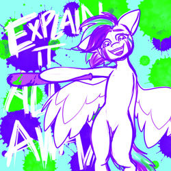 Size: 1500x1500 | Tagged: safe, artist:koapony, oc, oc only, oc:koa, pegasus, pony, baseball bat, bipedal, colorful, crying, looking at you, open mouth, open smile, smiling, solo, spread wings, wings