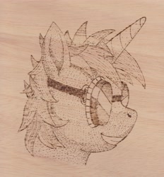 Size: 4753x5129 | Tagged: safe, alternate version, artist:malte279, oc, oc:multi purpose, pony, unicorn, craft, goggles, pyrography, traditional art