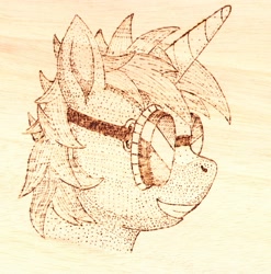 Size: 2357x2389 | Tagged: safe, artist:malte279, oc, oc:multi purpose, pony, unicorn, craft, goggles, high res, pyrography, traditional art