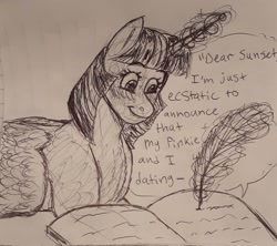 Size: 2048x1818 | Tagged: safe, artist:violetpony11, twilight sparkle, alicorn, pony, g4, implied sunset shimmer, monochrome, sketch, sunset's journal, traditional art, twilight sparkle (alicorn)