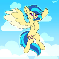 Size: 1000x1000 | Tagged: safe, artist:koapony, oc, oc only, oc:koa, pegasus, pony, cloud, colored wings, colored wingtips, eyebrows, flying, looking at you, open mouth, open smile, raised eyebrow, smiling, solo, two toned wings, wings