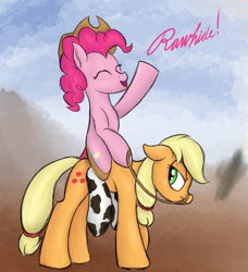 Size: 1397x1534 | Tagged: safe, artist:ahorseofcourse, applejack, pinkie pie, earth pony, pony, g4, annoyed, clothes, cowprint, day, looking right, pinkie pie riding applejack, ponerpics import, ponies riding ponies, rawhide (song), riding, socks