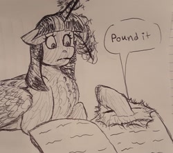 Size: 2048x1817 | Tagged: safe, artist:violetpony11, sunset shimmer, twilight sparkle, alicorn, pony, g4, monochrome, sketch, sunset's journal, traditional art, twilight sparkle (alicorn)