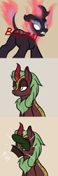 Size: 600x1800 | Tagged: safe, artist:ahorseofcourse, autumn blaze, cinder glow, summer flare, kirin, nirik, g4, 3 panel comic, bonsai, cinder glow is not amused, comic, female, lidded eyes, mare, onomatopoeia, plap, ponerpics import, sound effects, unamused