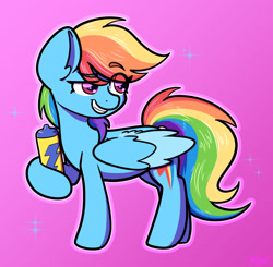 Size: 1395x1367 | Tagged: safe, artist:koapony, rainbow dash, pegasus, pony, g4, colored wings, colored wingtips, eyebrows, eyebrows visible through hair, grin, looking back, raised eyebrow, smiling, solo, sparkles, two toned wings, water bottle, wings