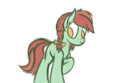 Size: 1500x1000 | Tagged: safe, artist:ahorseofcourse, candy apples, earth pony, pony, g4, apple family member, background pony, braid, cute, female, mare, pigtails, raised hoof, simple background, solo, twin braids, white background