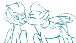 Size: 802x461 | Tagged: safe, artist:koapony, zipp storm, oc, oc:luck rock, pegasus, pony, g5, blushing, eyes closed, licking, one eye closed, sketch, smiling, spread wings, tongue out, wings