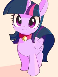 Size: 1536x2048 | Tagged: safe, artist:cheesesauce_45, twilight sparkle, alicorn, pony, g4, beige background, bell, bell collar, collar, cute, looking at you, simple background, solo, twiabetes, twilight sparkle (alicorn)