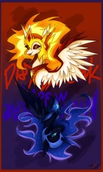 Size: 2458x4096 | Tagged: safe, artist:7pspoints, daybreaker, nightmare moon, alicorn, pony, g4, duo, duo female, female, mare, siblings, sisters