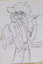 Size: 278x418 | Tagged: safe, artist:koapony, rainbow dash, pegasus, anthro, fanfic:rainbow factory, g4, clothes, fanfic art, lab coat, looking at you, sketch, spread wings, syringe, traditional art, wings