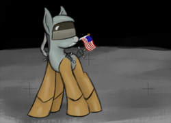 Size: 693x498 | Tagged: safe, artist:ahorseofcourse, oc, oc only, pony, robot, american flag, lunar lander, moon, moon landing, mouth hold, ponerpics import, ponified, solo