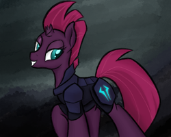 Size: 1375x1100 | Tagged: safe, artist:ahorseofcourse, tempest shadow, pony, unicorn, g4, armor, broken horn, eye scar, facial scar, female, horn, lidded eyes, looking back, mare, ponerpics import, scar, smiling, solo, storm king armor