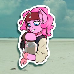 Size: 2000x2000 | Tagged: safe, artist:koapony, pinkie pie, earth pony, pony, semi-anthro, g4, alternate hairstyle, arm hooves, clothes, ear piercing, earring, eyeliner, gypsy pie, high res, jar, jar of dirt, jewelry, makeup, piercing, smiling, solo