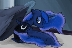 Size: 2400x1600 | Tagged: safe, artist:ahorseofcourse, princess luna, alicorn, pony, g4, blanket, glowing, glowing horn, horn, ponerpics import, solo, tail, tail between legs, tired