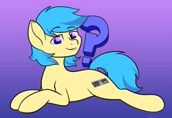 Size: 1619x1108 | Tagged: safe, artist:koapony, oc, oc only, earth pony, pony, controller, eyebrows, eyebrows visible through hair, gradient background, looking at you, question mark, smiling, solo