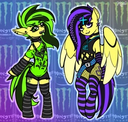 Size: 1658x1581 | Tagged: safe, artist:koapony, oc, oc only, oc:koa, earth pony, pegasus, pony, semi-anthro, arm hooves, chains, choker, clothes, collar, colored wings, colored wingtips, ear piercing, earring, emo, eyebrows, eyebrows visible through hair, fishnet stockings, jewelry, leg warmers, looking at you, necklace, open mouth, pendant, piercing, scene hair, scene kid, shirt, shorts, smiling, socks, spiked collar, spread wings, striped socks, thigh highs, two toned wings, wings