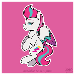 Size: 1280x1280 | Tagged: safe, artist:jellysketch, zipp storm, pegasus, pony, g5, female, flying, looking at you, mare, pink background, profile, side view, signature, simple background, smiling, smirk, solo